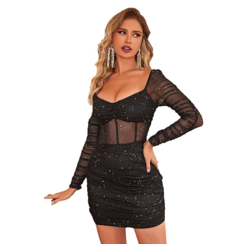 ✨Weihnachtskleid🎄Sexy Mesh Glitter Langarm Minikleid für Frauen📦Freie Lieferung📦