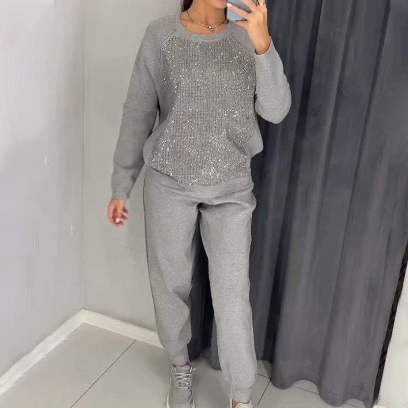 🎅Weihnachtsverkauf 49% Rabatt🎄Damen Glitter Rhinestone Sweatshirt & Casual Hose 2-teiliges Set