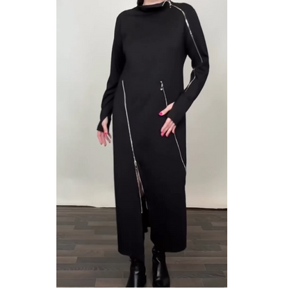 🎅Weihnachtsvorverkauf✨Modisches einfarbiges Maxikleid für Damen mit drei Reißverschlüssen